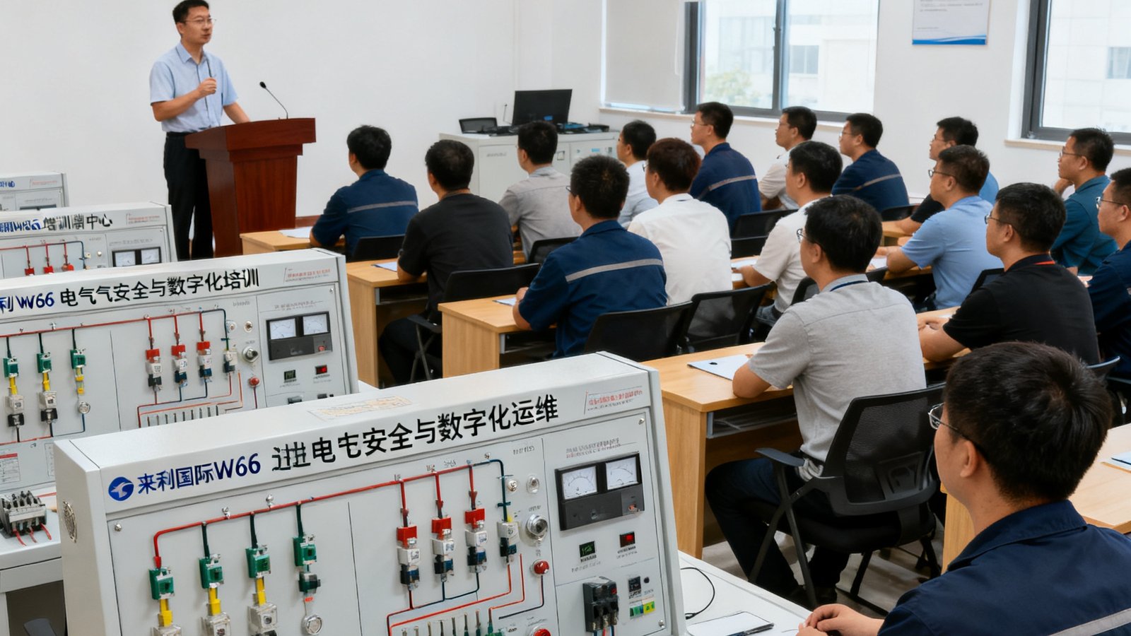 来利国际w66培训中心内，资深讲师正在为30多名企业学员进行电气安全与数字化运维的实操培训，教室内配备了真实的配电模拟设备。