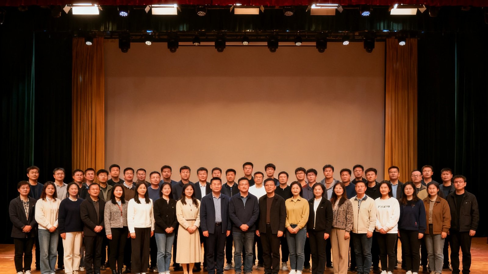 公司2024年度总结大会暨优秀员工表彰典礼的集体合影，全体员工精神饱满，舞台上方悬挂着年度主题横幅。